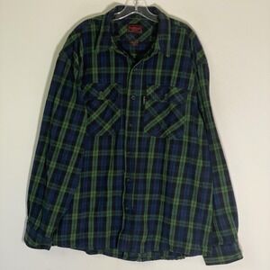 Vintage Five Brothers Shirt Mens 2XL Blue Green Plaid Flannel Button Up Workwear
